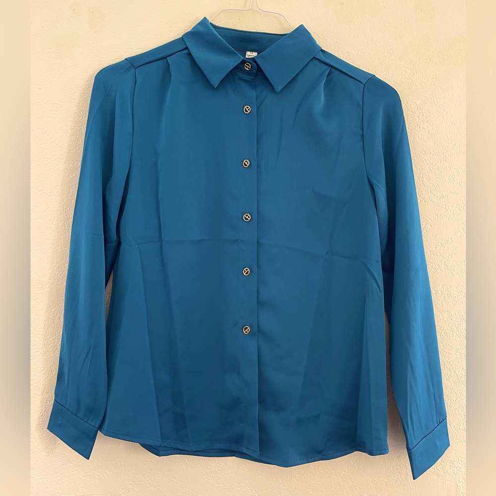 Blue satin long-sleeved button up shirt